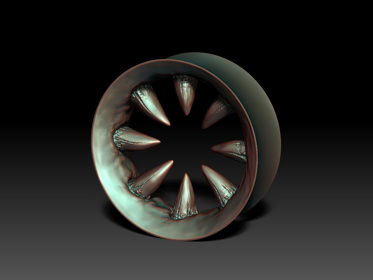 Fanged ear tunnel digital sculpture shown in a bronze-metal finish, with sharp teeth organically integrated into sculpted gum forms around the circular opening.